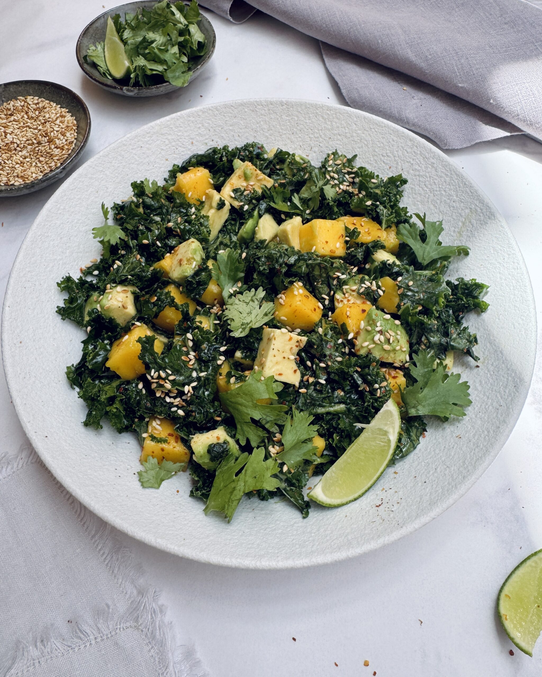 kale mango and avocado salad with nuoc cham dressing