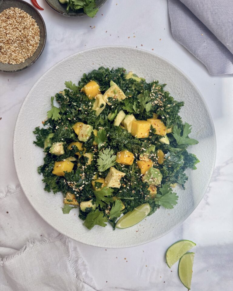 kale, mango and avocado salad with spicy and tangy nuoc cham dressing