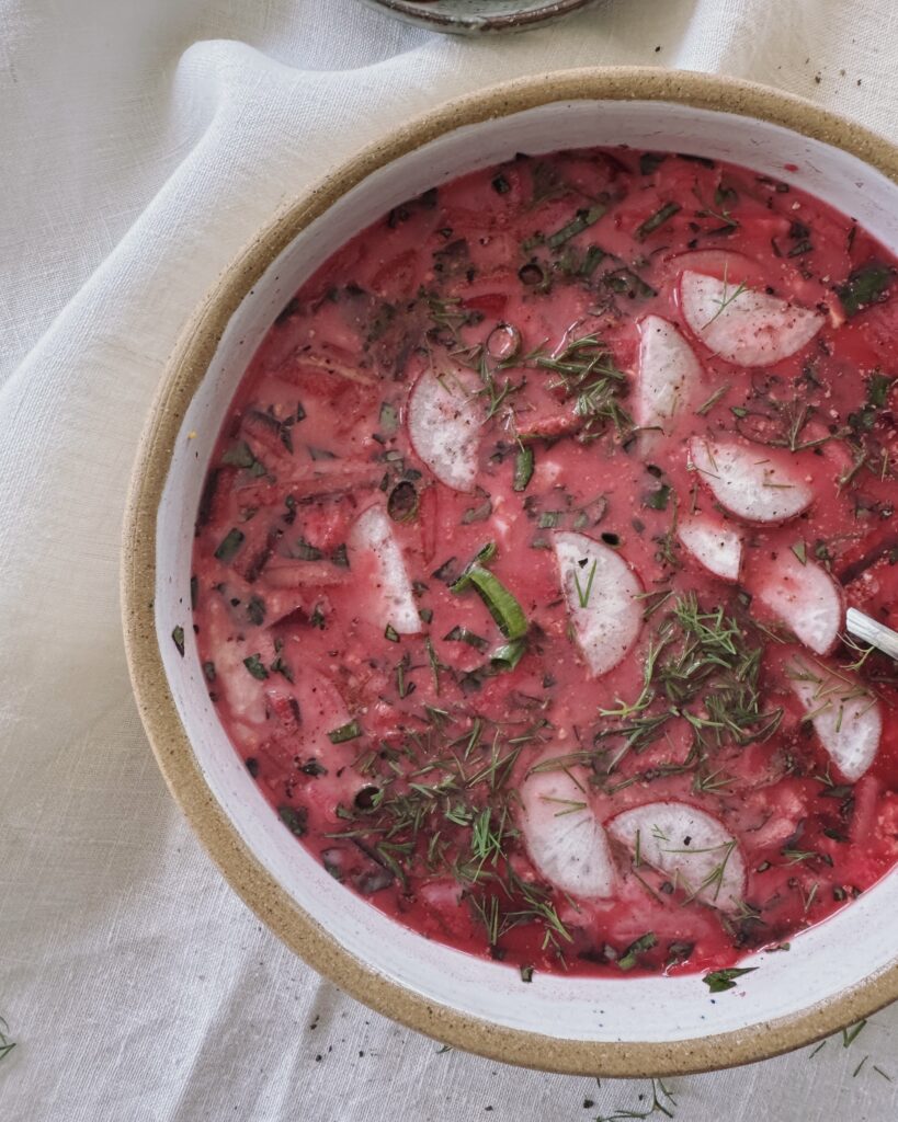 a bowl with svekolnik, russian cold beetroot soup, garnished with radishes and fresh herbs