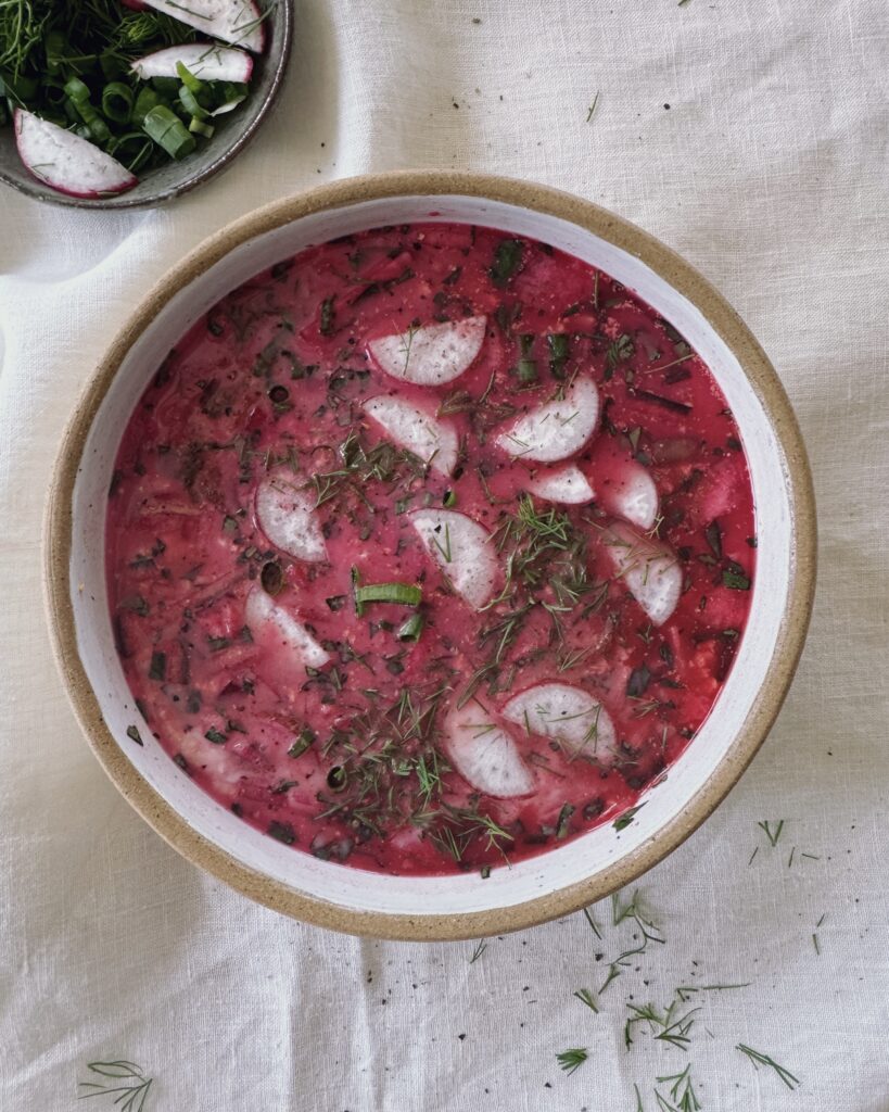 a bowl with svekolnik, russian cold beetroot soup, garnished with radishes and fresh herbs